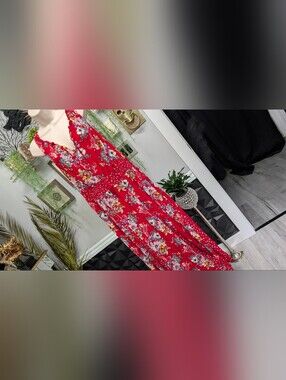Bila Red Floral Rouched Belted Maxi Dress XXL